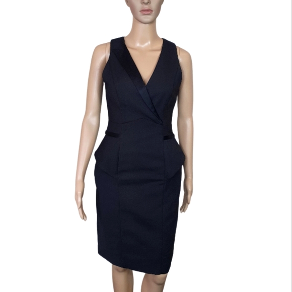 NWOT Cue  tuxedo midi pencil Dress Black Sze 8 sleeve Cotton slit office formal - Picture 3 of 10